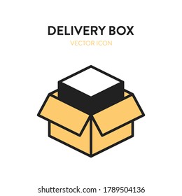 Delivery box isometric icon. Vector illustration of open delivery box with merchandise item inside. Postal parcel cardboard package yellow vector isometric icon