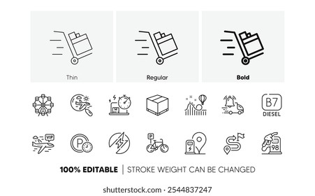 Delivery box, Journey and Delivery online line icons. Pack of Search flight, Parking time, Petrol station icon. Electric energy, Diesel, Roller coaster pictogram. Bicycle parking. Line icons. Vector