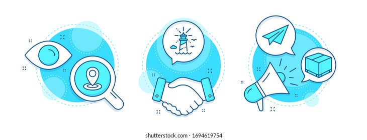 Delivery box, Lighthouse and Paper plane line icons set. Handshake deal, research and promotion complex icons. Location sign. Cargo package, Navigation beacon, Airplane. Map pointer. Vector