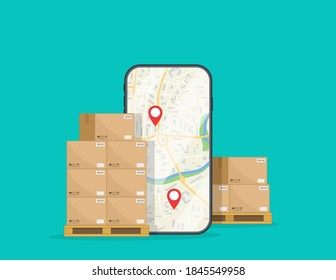 Delivery of box. Logistic of cargo on mobile. Package in carton boxes goods on warehouse with order in smartphone. Crates on pallets for parcel, shipment, export. Icon of storage, online cargo. Vector