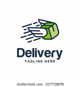Delivery box logo template. Box with wings design vector illustration