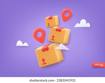 Delivery Box with map pin Vector Illustration. Fast Delivery Concept. 3D Web Vector Illustrations.