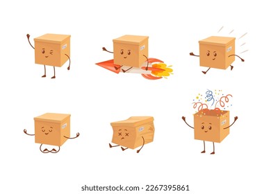 Delivery box mascot. Cartoon parcel characters, funny courier packages cute happy sad face of delivery boxes crumpled post cardboard kawaii kid character vector illustration of parcel and package