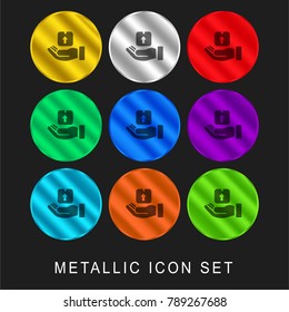Delivery box on a hand 9 color metallic chromium icon or logo set including gold and silver
