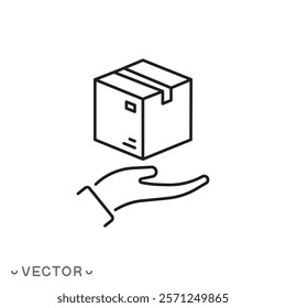 Delivery box on the hand icon, logistics thin line symbol concept isolated on white background, editable stroke eps 10 vector illustration