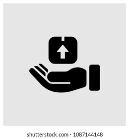 Delivery box on a hand sign icon in trendy flat style isolated on grey background, modern symbol vector illustration for web