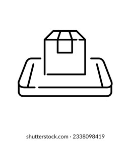 Delivery box on isometric smartphone. Parcel shipment tracking app. Easy to use. Pixel perfect, editable stroke