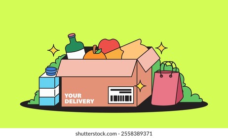 Delivery box overflowing with goods shopping item from milk, sauce, bread and fruit cartoon hand drawn illustration
