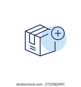 Caja de entrega y símbolo plus. Actualizar de lista de paquetes. Icono de Vector de trazo perfecto y editable