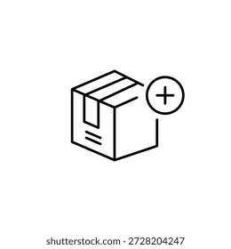Lieferbox und Pluszeichen. Paketlisten-Update. Pixel perfekt, bearbeitbares Strichvektorsymbol