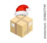 Delivery box with Santa hat. Christmas delivery, xmas happy new year post package box. Holidays shipment concept