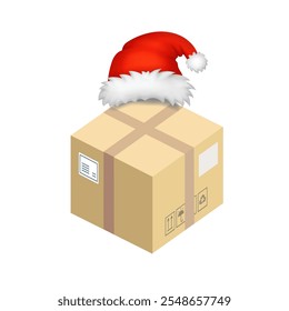 Caja de entrega con sombrero de Santa. Entrega de Navidades, caja del paquete del poste del año nuevo feliz de Navidad. Concepto de envío de Días festivos