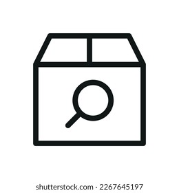 Suche im Lieferkasten einzeln auf Symbol, Paket mit Vergrößerungsglas-Vektorsymbol mit bearbeitbarem Schlaganfall