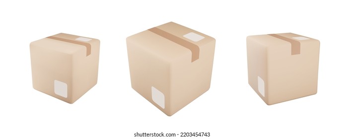 Delivery box set on isolated background. Cardboard or carton realistic delivery boxes with scotch tape and labels. 3d realistic package boxes. Vector illustration