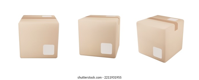 Delivery box set on isolated background. Cardboard or carton realistic delivery boxes with scotch tape and labels. 3d realistic package boxes. Vector illustration
