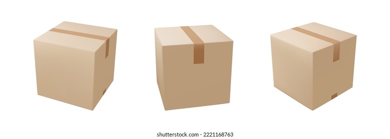Delivery box set on isolated background. Cardboard or carton realistic delivery boxes with scotch tape and labels. 3d realistic package boxes. Vector illustration