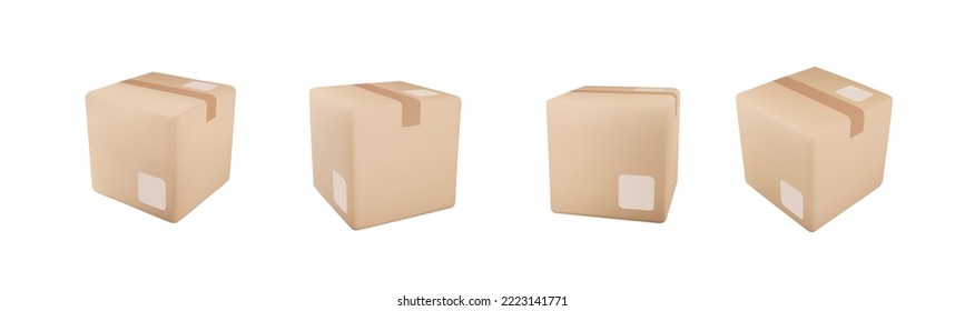 Delivery box set on isolated background. Cardboard or carton realistic delivery boxes with scotch tape and labels. 3d realistic package boxes. Vector illustration