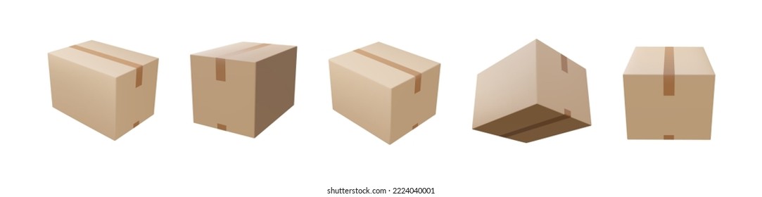 Delivery box set on isolated background. Cardboard or carton realistic delivery boxes with scotch tape and labels. 3d realistic package boxes. Vector illustration