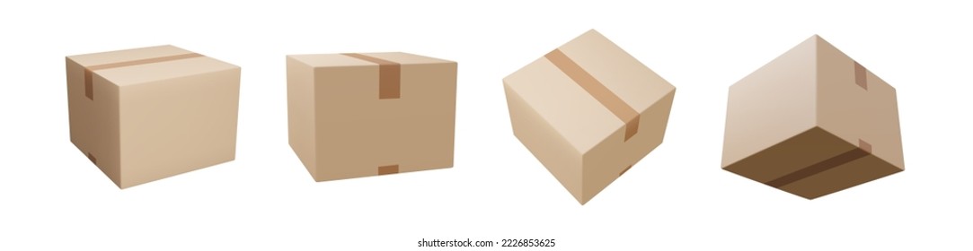 Delivery box set on isolated background. Cardboard or carton realistic delivery boxes with scotch tape and labels. 3d realistic package boxes. Vector illustration