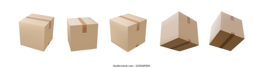 Delivery box set on isolated background. Cardboard or carton realistic delivery boxes with scotch tape and labels. 3d realistic package boxes. Vector illustration