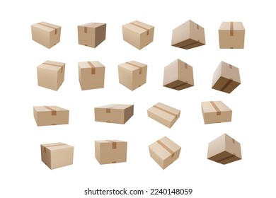 Lieferbox auf isoliertem Hintergrund. Pappe oder Karton realistische Lieferschachteln mit Klebeband und Etiketten. 3d-realistische Paketkästen. Vektorgrafik