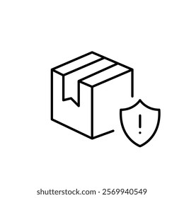 Delivery box, shield and exclamation mark. Package safety warning, goods insurance against damage in transit. Pixel perfect vector icon