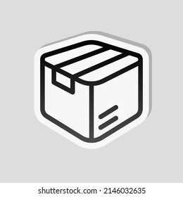 Delivery box, simple carton package icon. Linear sticker, white border and simple shadow on gray background