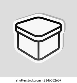 Delivery box, simple carton package icon. Linear sticker, white border and simple shadow on gray background