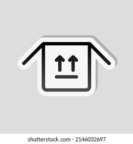 Delivery box, simple carton package icon. Linear sticker, white border and simple shadow on gray background