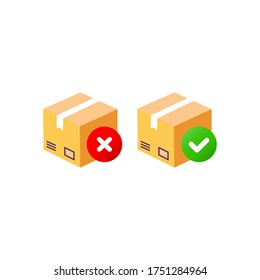 Delivery box, tracking order icon. Cardboard boxes with wrong and right check marks. Parcel, package on isolated background. Eps 10 vector