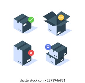 Delivery box, tracking order icon. Cardboard boxes with wrong and right check marks. Parcel, package on isolated background
