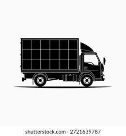 Delivery Box Truck Vector Icon. Black Silhouette of a Commercial Vehicle for Freight, Logistics, and Cargo Transport.