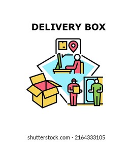 Concepto de icono del vector de caja de entrega. Caja De Entrega Para Poner Un Buen Producto Y Enviarlo Al Cliente, Transportar El Hombre De Servicio De La Empresa Entregando Cartón A La Puerta Del Cliente Ilustración De Color