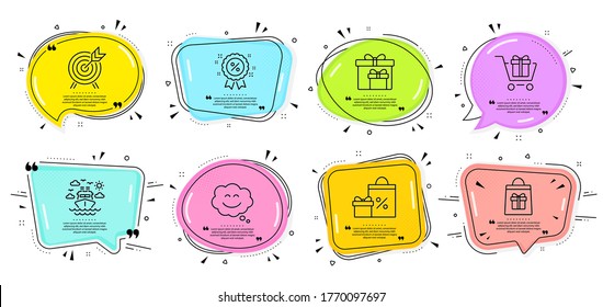 Delivery boxes, Archery and Smile chat signs. Speech bubbles with quotes. Discount, Holidays shopping and Shopping cart line icons set. Ship travel symbol. Gifts bag, Gift box. Holidays set. Vector