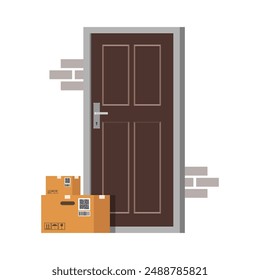 Delivery boxes at the door Contactless delivery concept. Boxes of purchases stand at the door. Delivery concept. Non-contact express delivery service vector illustration