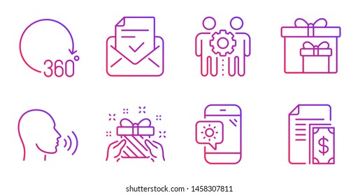 Delivery boxes, Employees teamwork and Approved mail line icons set. Gift, Human sing and Weather phone signs. 360 degrees, Payment symbols. Birthday gifts, Collaboration. Business set. Vector