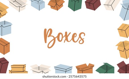 Delivery boxes in horizontal banner. Package cardboard boxes. Present gift boxes. Vector illustration.