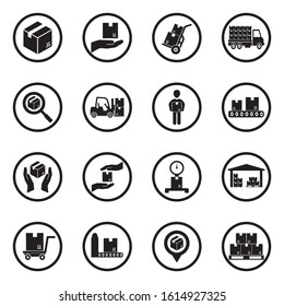 Delivery Boxes Icons. Black Flat Design In Circle. Vector Illustration.