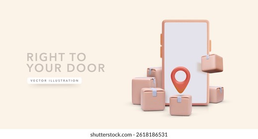 Delivery Boxes With Location Pin And Smartphone Representing Mobile Shipping And Courier App Service With Package Tracking. Modern 3D Minimal Style. Vector Illustration.