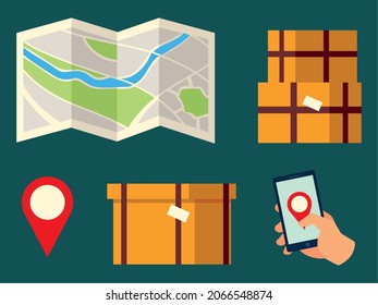 delivery boxes and map icon set