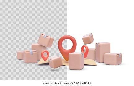 Delivery Boxes with Map and Location Pin in 3D Cartoon Style. Perfect for E-Commerce, Tracking, and Logistics Interfaces. Transparent and White Background. Vector Illustration.