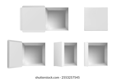 Delivery boxes mockup, isolated closed and open cardboard parcels. Vector realistic set of empty packaging for orders and shipments. Top view of postal goods and mail service containers