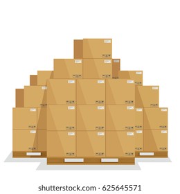 Delivery boxes on a wooden pallet. Cardboard cargo boxes with fragile signs.