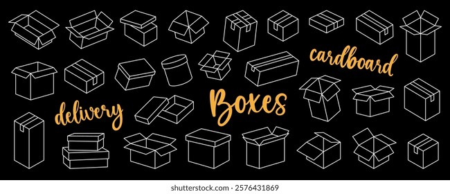 Delivery boxes outline set. Carton delivery packaging boxes. Vector illustration.