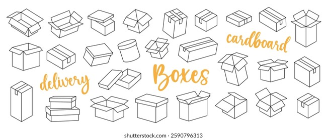 Delivery boxes outline set. Present gift boxes. Vector illustration.