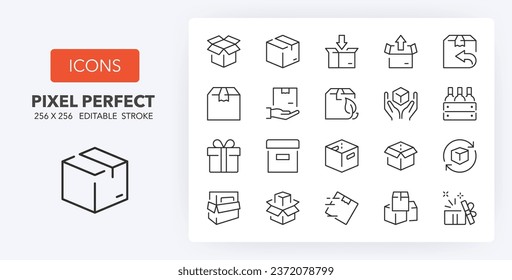 Delivery boxes and package, thin line icon set. Outline symbol collection. Editable vector stroke. 256x256 Pixel Perfect scalable to 128px, 64px...