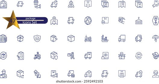 Delivery boxes and package, thin line icon set
