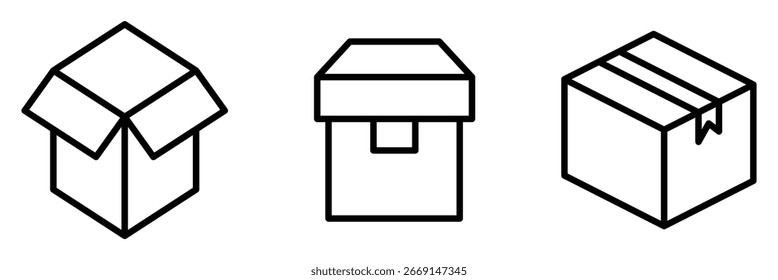 Delivery boxes and package, thin line icon set. Symbol collection on white background. Editable vector stroke. EPS 10