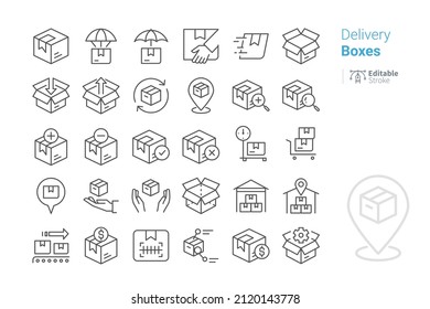 Cajas de entrega, envío, logística, compras en línea, comercio electrónico, iconos en negrita, trazo editable