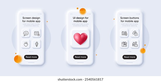 Delivery boxes, Travel calendar and Locks line icons pack. 3d phone mockups with heart. Glass smartphone screen. Smile, Heart, Carry-on baggage web icon. Calendar, Ice cream pictogram. Vector